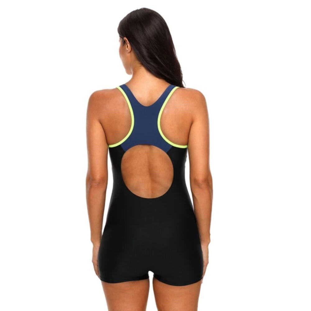 Women's Contrast Boyleg Racer Cutout Back Sports One Piece Swimsuit NWT Size L - Picture 2 of 9